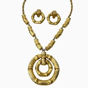 Napier Bamboo Door Knocker Necklace Earrings Set Brushed Gold Tone Signed